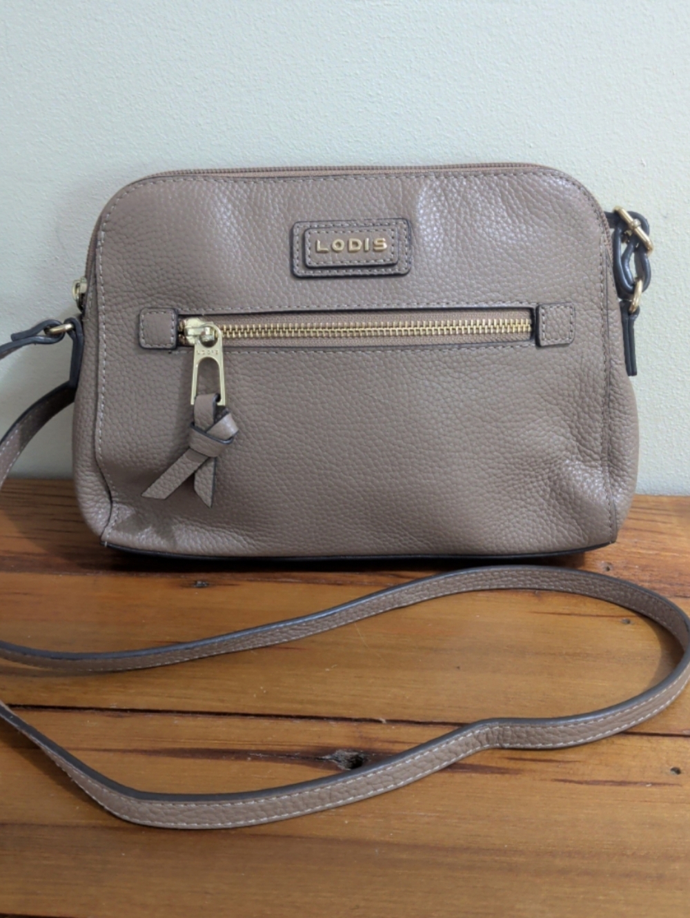 Lodis Taupe Pebbled Leather Charlotte Crossbody Bag
